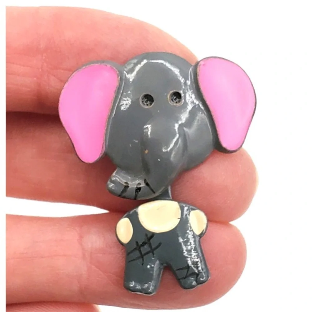 Vintage Dumbo The Elephant Pink & Grey Enamel Articulating Head Brooch Pin Korea